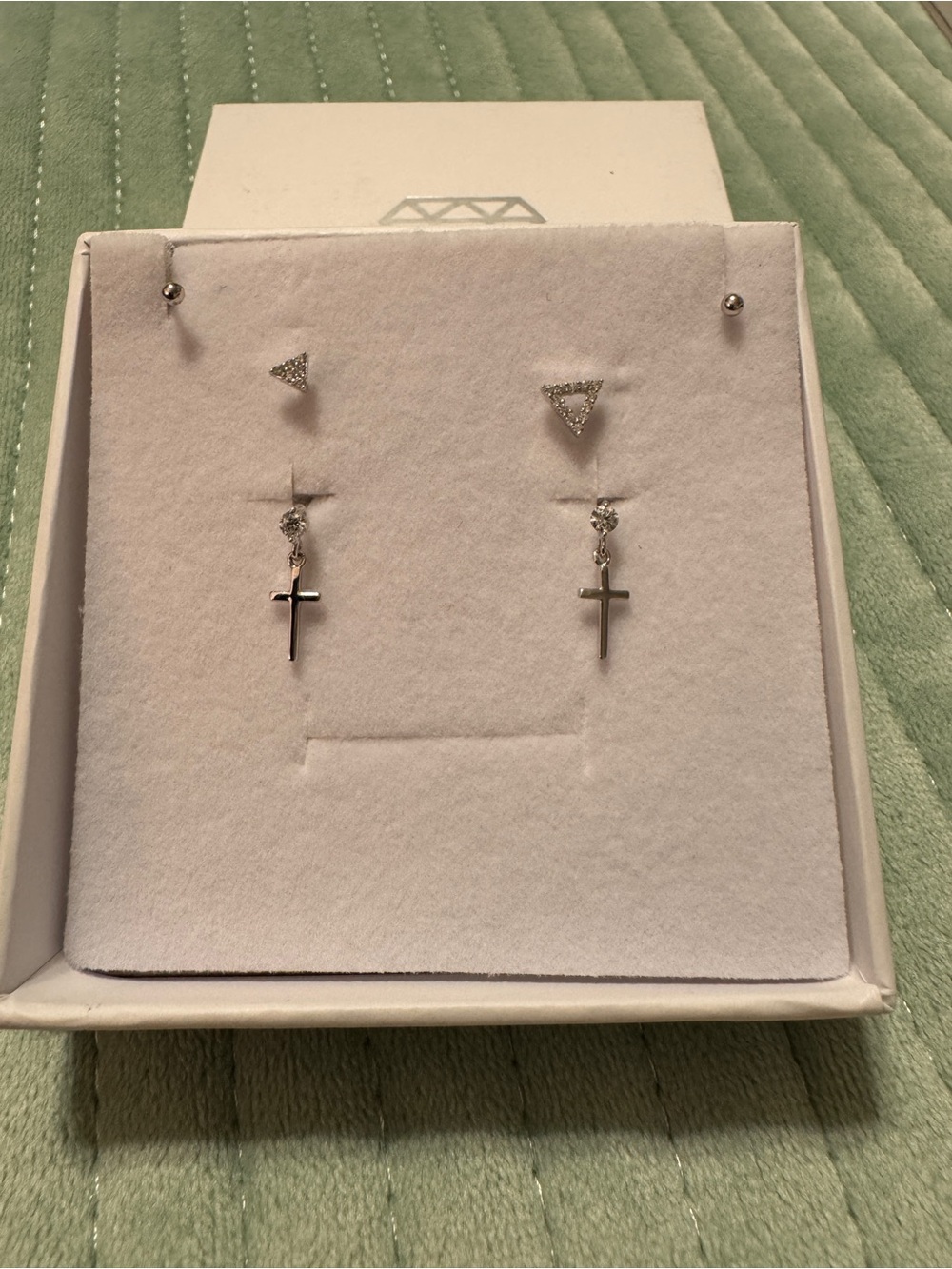 Sterling Cross Drop Earrings with Triangle Crystal Studs - Silver Tone